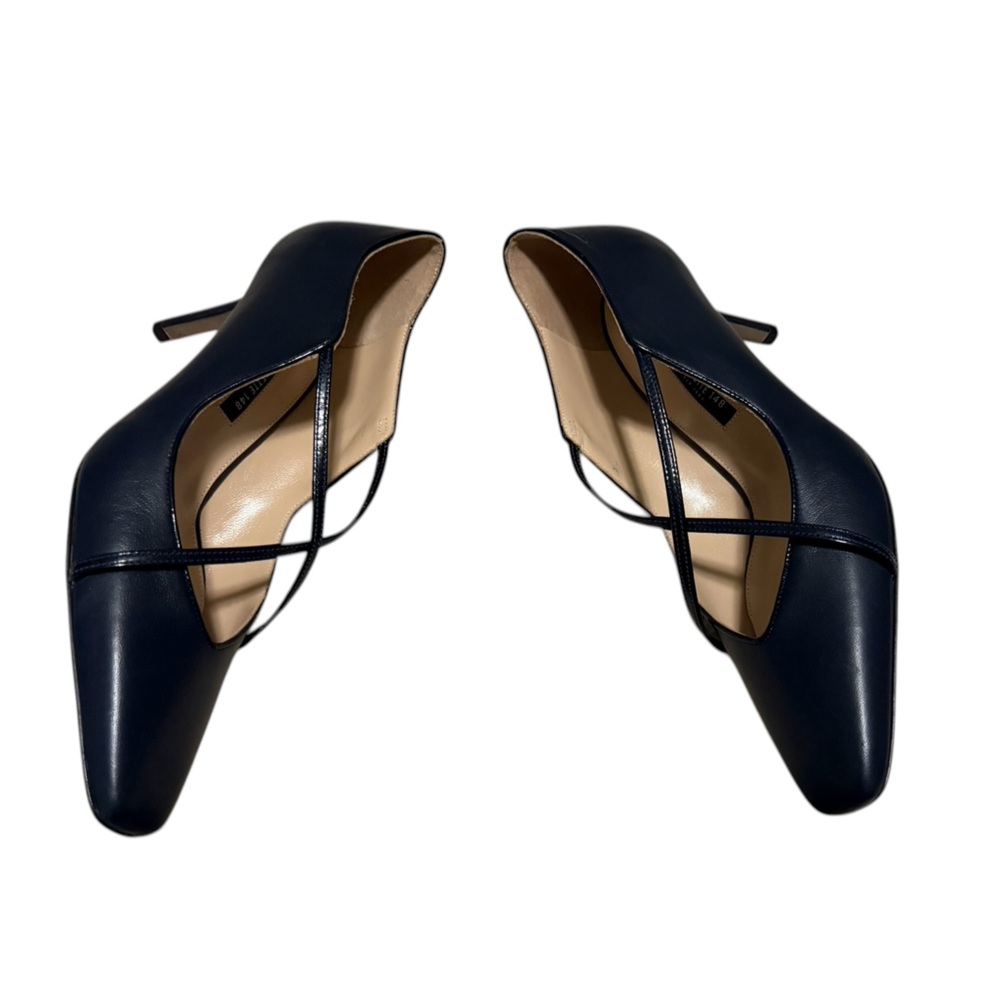 Lafayette 148 New York Square Toe Cross Strap Heels in Navy Blue Size 37 US 7 - Picture 3 of 6